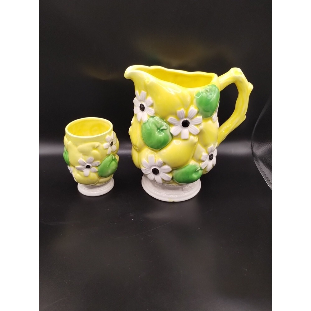 Vintage Inarco Yellow Ceramic Pear Apple Daisy Pitcher And Cup Cottage Granny